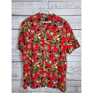 Disney Shirt Mens XXL Red Hawaiian Camp Short Sleeve Mickey Pineapple Button Up